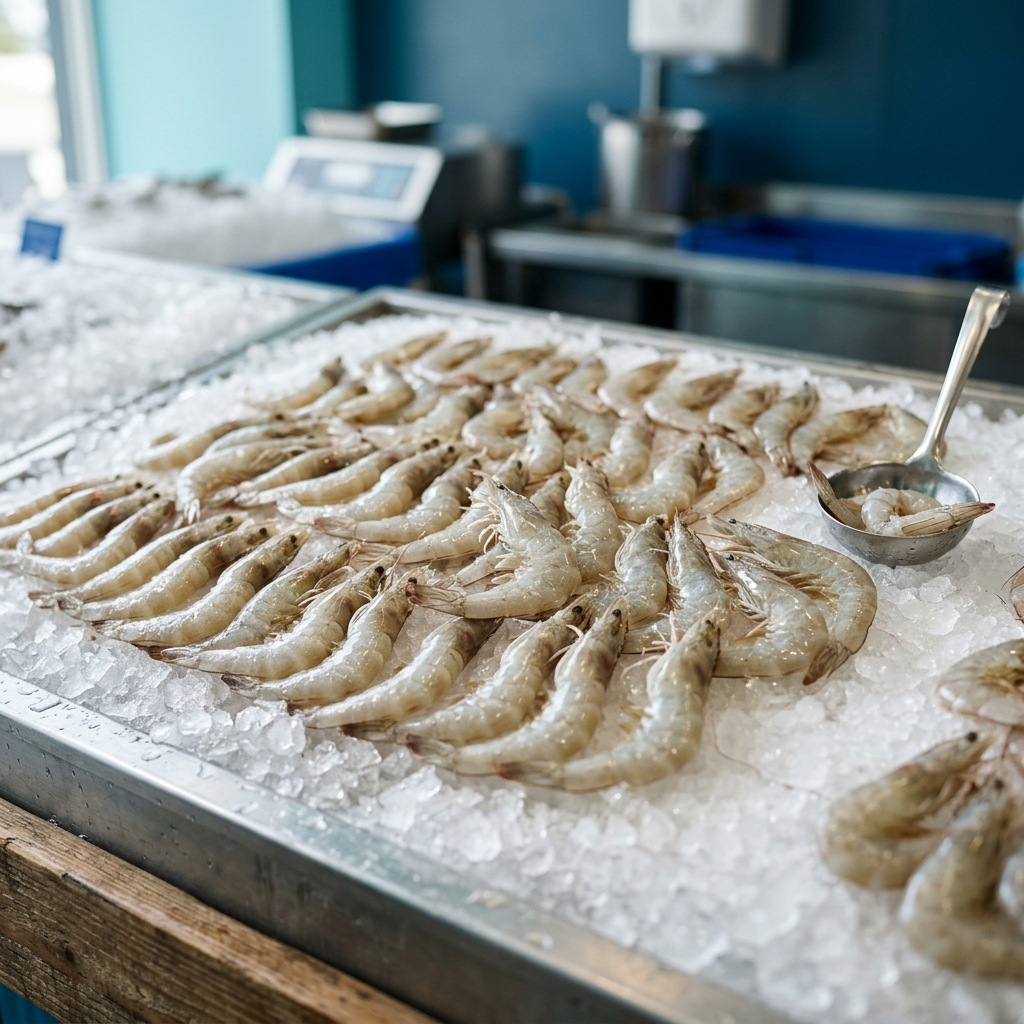 White Vannamei Shrimp raw fresh on ice